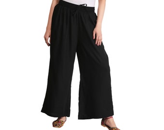 Black Cotton Blend Palazzo Pants: Elastic Waist Yoga Trousers