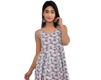 Smart floral print cotton dress/ Short dress/ Shoulder strap dress/ Gray floral print dress