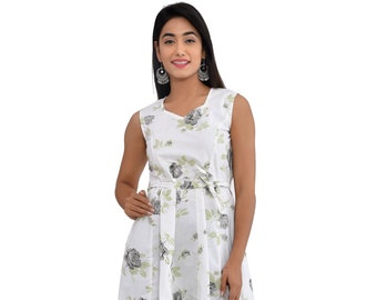 Floral Print Cotton Dress: Pastel Gray Short Dress