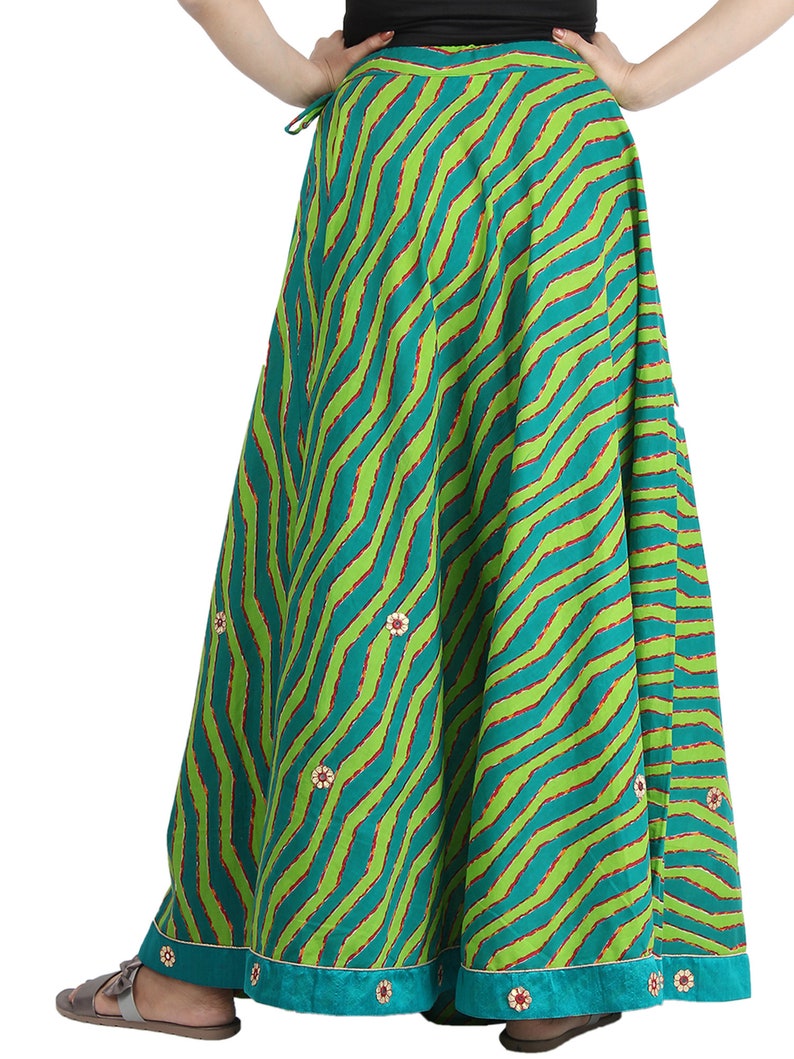 Smart Soft Cotton Stripes-Laharia Printed Green A Line Skirt with Smart ethnic work