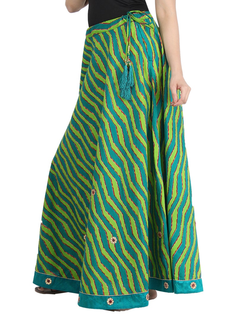 Smart Soft Cotton Stripes-Laharia Printed Green A Line Skirt with Smart ethnic work