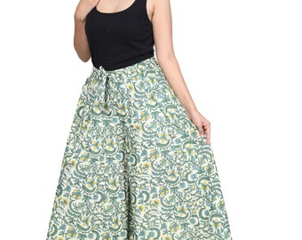 Floral Print Cotton Palazzo Pants - Cream & Green Indian Style