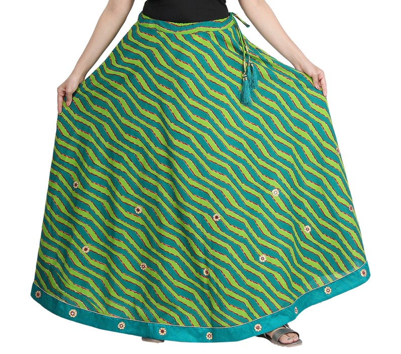 Smart Soft Cotton Stripes-Laharia Printed Green A Line Skirt with Smart ethnic work