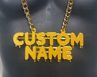 Custom Name Bling & Chain ( PLA Plastic Bling with Aluminum Plated chain) - Default style is Drip unless specified.