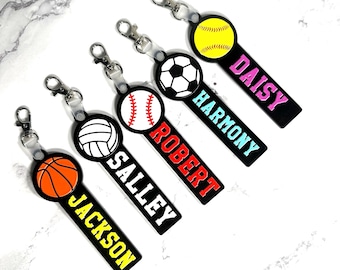 Custom Sports Name Bag Tag Charm Football, Baseball, Volleyball, Basketball, Soccer, Hockey, Tennis | UV printed on Acrylic