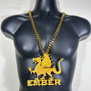 May include: A gold chain necklace with a large pendant featuring a dragon and the word "EMBER".