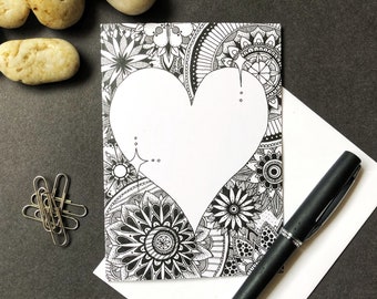 Wedding Cards, Love Heart Design, Love Heart Card, Personalised Greeting Card, Anniversary Card, Stationary, Zentangle Cards Art Card