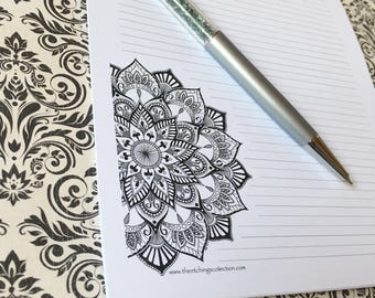 Mandala Stationery Set, Letter Writing Set, Unique Stationery, Zentangle Letter Set, Personal Stationary, Lotus Mandala Design Paper,