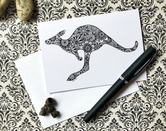 Australian Cards, Kangaroo Art Greeting Cards, Australian Art, Aussie Cards, Roo, Zentangle Art, Hand Made Cards, Illustrated Greeting Cards