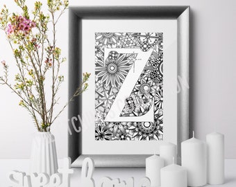 Initial Z, Personalised Monogram Art, Baptism Gift, Custom Name Art, Naming Day Gift, Alphabet Art, Monochrome Decor, New Baby Gift