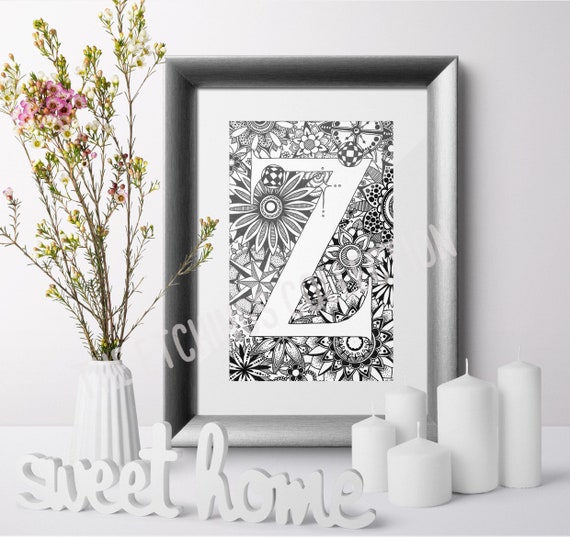 Initial Z, Personalised Monogram Art, Baptism Gift, Custom Name Art, Naming Day Gift, Alphabet Art, Monochrome Decor, New Baby Gift