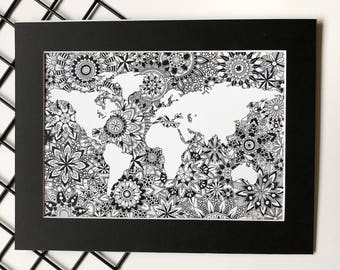 World Map Wall Art, World Map Print, Wanderlust Art, Travel Decor, Mandala Wall Art, Map of the World, Office Decor, Affiche Scandinave