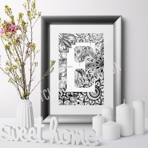 Letras del alfabeto, Letra E, Impresión ABC, Arte ABC, Zentangle Art Print, Arte de pared montado, Impresión de guardería para niños, Decoración monocromática Carta personal
