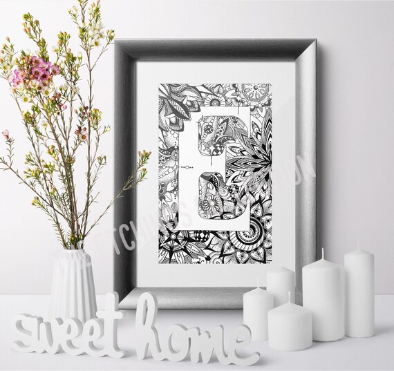 Alphabet Letters, E Letter, ABC Print, ABC Art, Zentangle Art Print, Mounted Wall Art, Kids Nursery Print, Monochrome Decor Personal Letter
