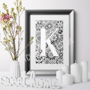 Letra K, Arte de pared del alfabeto, Zentangle Inicial, Arte de letras, Letras de pared, Arte de pared montado, Regalo de recién nacido, Tipografía Affiche Scandinave