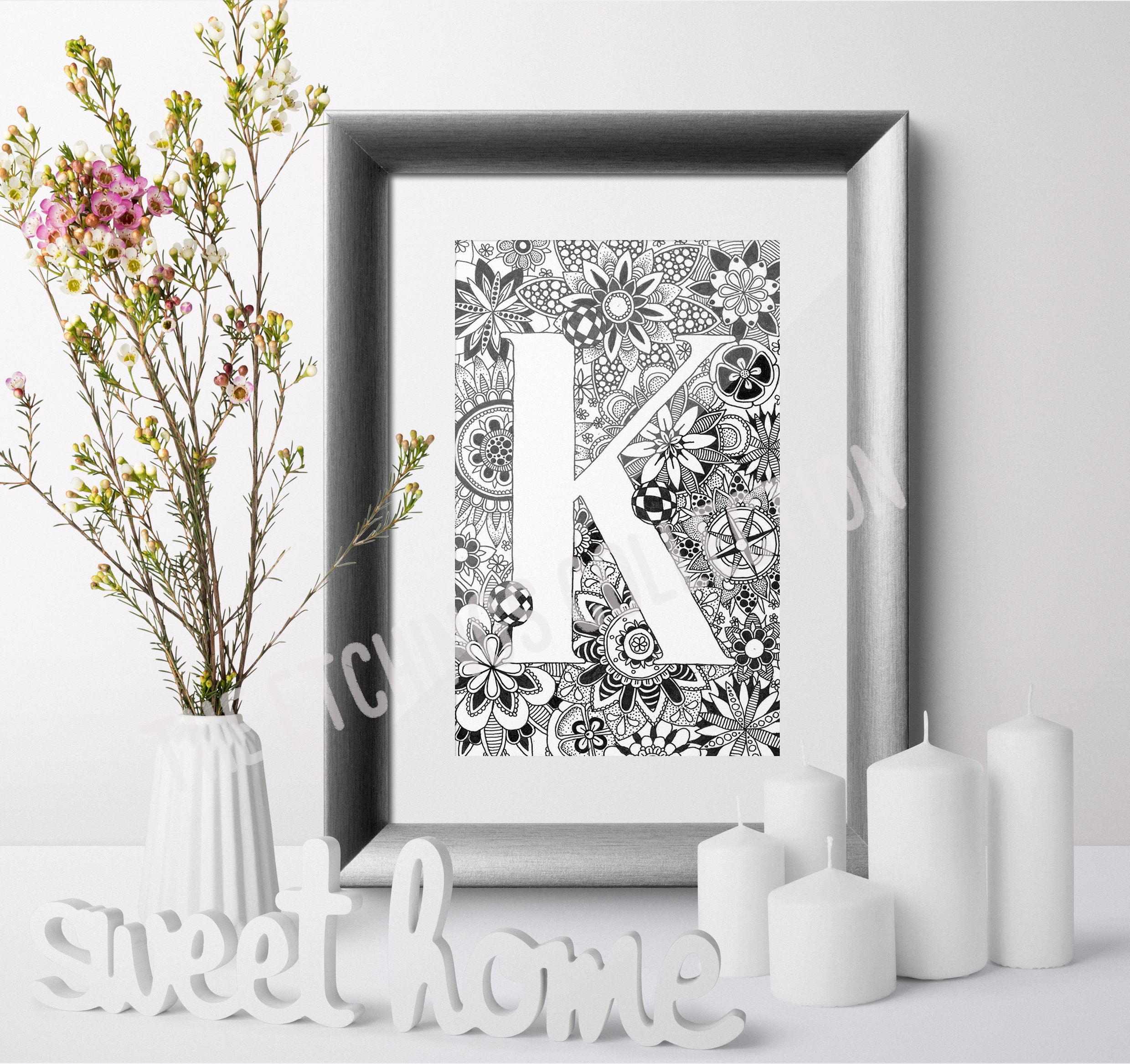 Letter K Alphabet Wall Art Zentangle Initial Letter Art | Etsy
