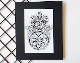 Hamsa Hand Drawing, Spiritual Artwork, Affiche Scandinave, Meditation Decor, Yoga Wall Art, Hand of Fatima Print, Zentangle Art, Monochrome