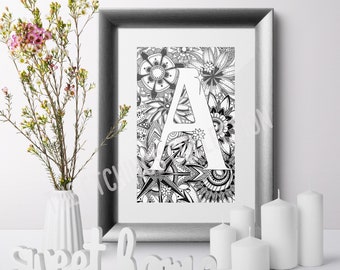 Alphabet Art, Monogram Letter A, Big Letter Art Print, Gifts for Kids, Nursery Print, Zentangle Art, Decorated Initial, Black and White Art