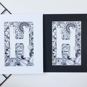 Wall Art Print, Unique Gift Ideas, Name Day Gift, Monogram Letter H, Alphabet Art, Zentangle Art Print, Communion Gift, Personalised Gift image 6