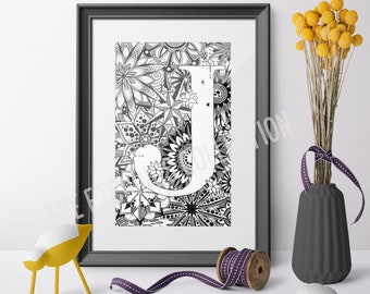 Handmade Monogram Print, Birth Announcement, Name Day Gift, Newborn Gift, Zentangle Lettering, New Baby Gift, Family Home Decor, Initial Art
