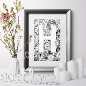 Wall Art Print, Unique Gift Ideas, Name Day Gift, Monogram Letter H, Alphabet Art, Zentangle Art Print, Communion Gift, Personalised Gift image 4