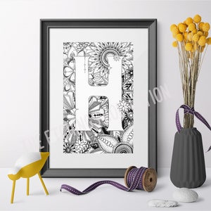 Wall Art Print, Unique Gift Ideas, Name Day Gift, Monogram Letter H, Alphabet Art, Zentangle Art Print, Communion Gift, Personalised Gift image 1