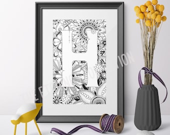 Wall Art Print, Unique Gift Ideas, Name Day Gift, Monogram Letter H, Alphabet Art, Zentangle Art Print, Communion Gift, Personalised Gift