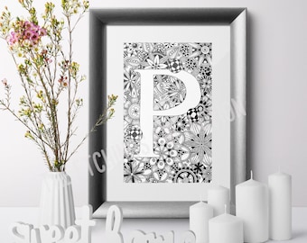 Letter P, Bedroom Print, Custom Name Art, Typography Print, Letter Print, Kids Art Print, ABC Letters, Baby Nursery Decor Ideas, Monochrome