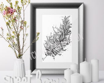 Boho Feather Art, Tribal Nursery Decor, Detailed Feather Art, Zentangle Feather, Bird Feather Wall Art, Nature Art Print, Zentangle Art