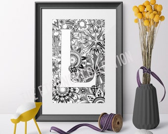 Monogram L, Typography Letter Art, Baptism Gift, Girls Nursery, Boys Nursery, Zentangle Art, Monogram Letter L, Wall Art Print Black & White