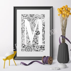 Letra M, Arte de pared del alfabeto, Zentangle Inicial, Arte de letras, Letras de pared, Arte de pared montado, Regalo de recién nacido, Tipografía Affiche Scandinave