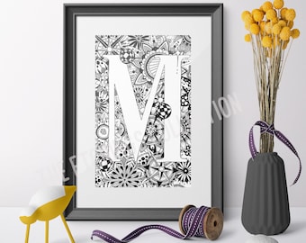 Letter M, Alphabet Wall Art, Zentangle Initial, Letter Art, Wall Letters, Mounted Wall Art, Newborn Gift, Affiche Scandinave Typography