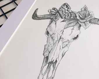 Floral Deer Skull Print, Bull Skull Print, Skull with Flowers, Skull Art Print, Skull Drawing Print, Skull Antler Print, Floral Skull Art