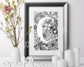 Personalised Initial Print, Baby Gift, Monogram Letter C, Print for Nursery, Alphabet Art, Zentangle Art Print, Typography Print