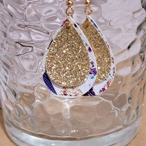 Blue Geometric Pattern Gold Shimmer Faux Leather Earrings