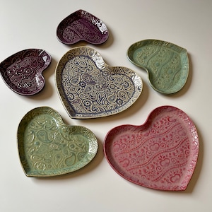 Ceramic heart plates, trinket heart dishes, hearts, heart gift, paisley heart, lacey heart, trinket dish, pottery heart dish, ceramic heart