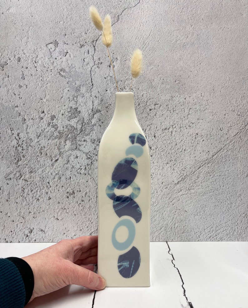 Bottle vase, blue vase for dried flowers, porcelain bottle vase, blue and white vase, blue ceramic vase, vase ceramic, vase gift for her image 2