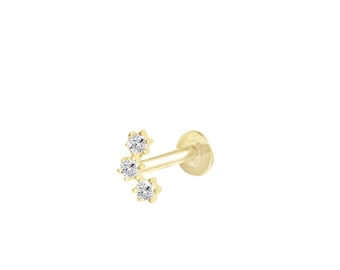 14K Gold Push Flat Back Three Diamond Earring