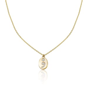 14k diamanten puntkommaketting met gravure op de achterkant