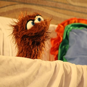 May include: A brown furry puppet with large blue eyes looks up at the camera. The puppet is lying on a white sheet with a colorful fabric behind it.
