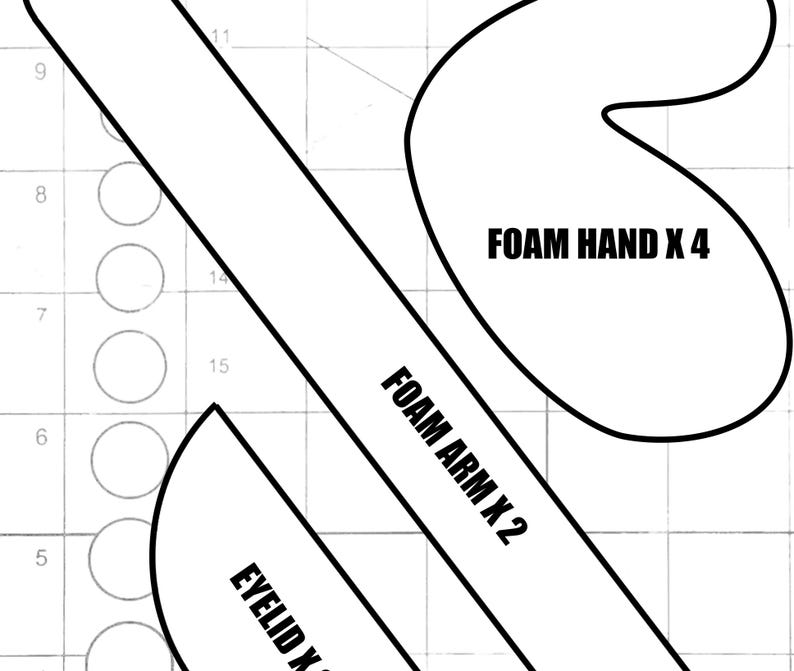 May include: A black and white line drawing of a craft pattern for a foam arm, foam hand, and eyelid. The pattern includes the text "FOAM ARM X 2", "FOAM HAND X 4", and "EYELID X".