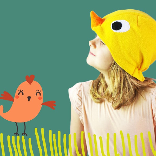 Kids yellow bird fleece costume  hat for Halloween, chicken toddler, birdy cosplay, pretend play,  montessori carnival mask