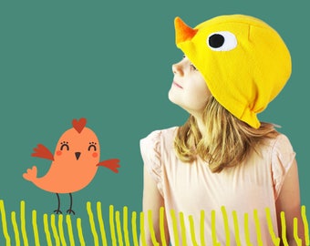 Kids yellow bird fleece costume  hat for Halloween, chicken toddler, birdy cosplay, pretend play,  montessori carnival mask