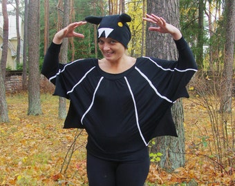 Recycled Bat Costume: Black Top with Wings & Hat - Teen/Adult