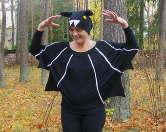 Bat costume for Halloween, 2 pieces:  black top with wings and hat with white teeth, recycled, teen and adult, OOAK