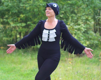Swallow Bird Costume: Black Top, Ruffle Detail, Hat (Adult/Teen)