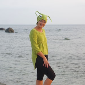 Grasshopper costume for Halloween, 2 pieces:  green dress and feeler hat, recycled materials