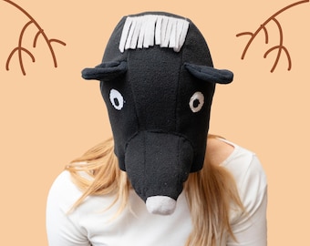 Handmade Fleece Black Bear Hat, White Fringe, Adult Costume