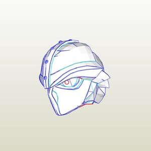 May include: A blue and white papercraft helmet with a detailed design. The helmet has a visor and a pointed top.