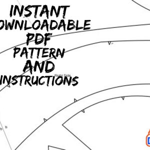 May include: Black and white line drawing of a sewing pattern with the text "INSTANT DOWNLOADABLE PDF PATTERN AND INSTRUCTIONS" on top. The text "DIY" is in a blue box with a scissors and glue bottle icon.